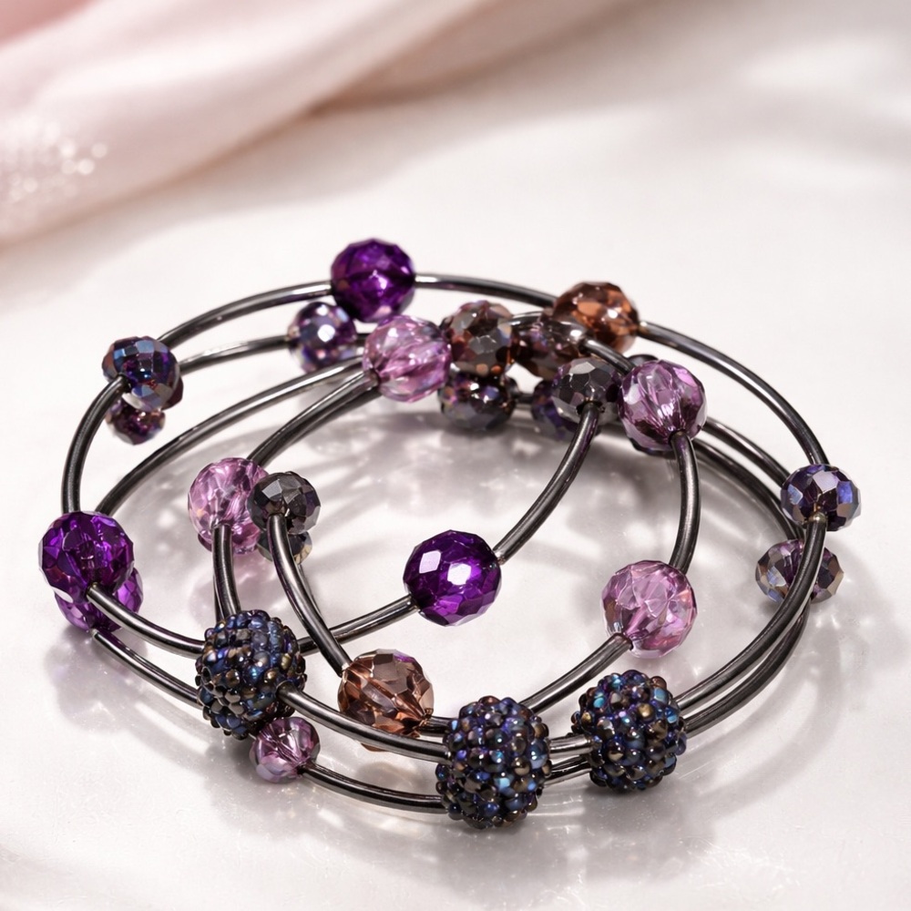 💜 Croft & Barrow Beaded Stretch Bracelet Set – Purple & Gunmetal | NWT 💜